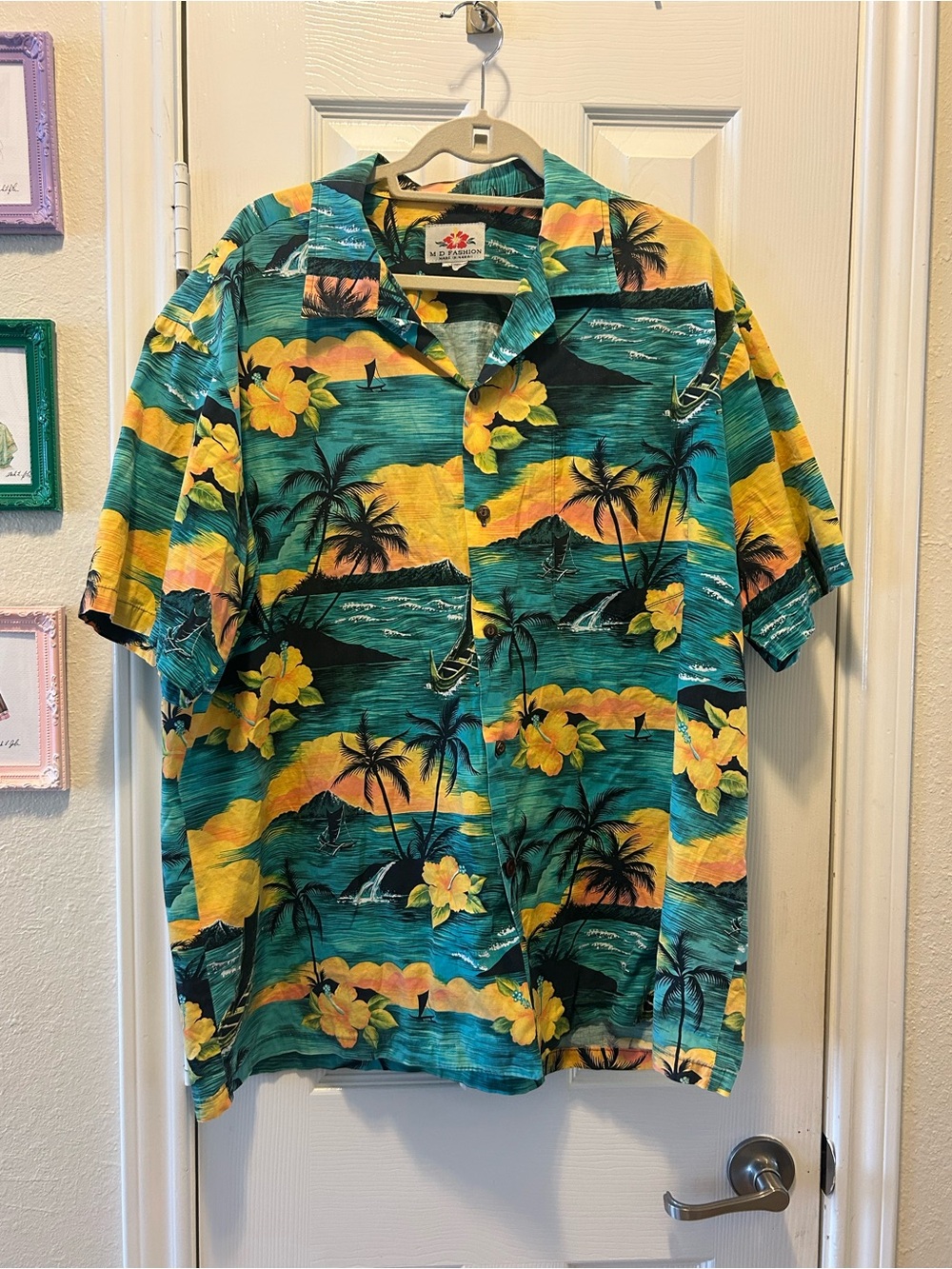 MD Fashion Made in Hawaii Teal & Yellow Tropical Hawaiian Button-Down Shirt